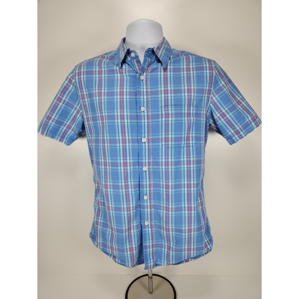 Nat Nast Mens Size Small‎ Shirt Blue, Pink White Plaid 100% Cotton Short Sleeve